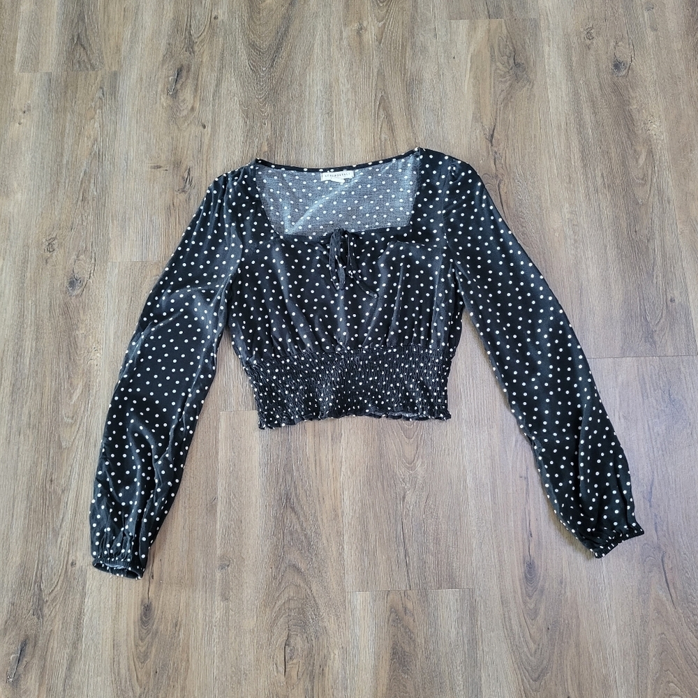 Aeropostale Long Sleeve Cropped Polka Dot Top Blouse Square Neck Smocked Boho XS